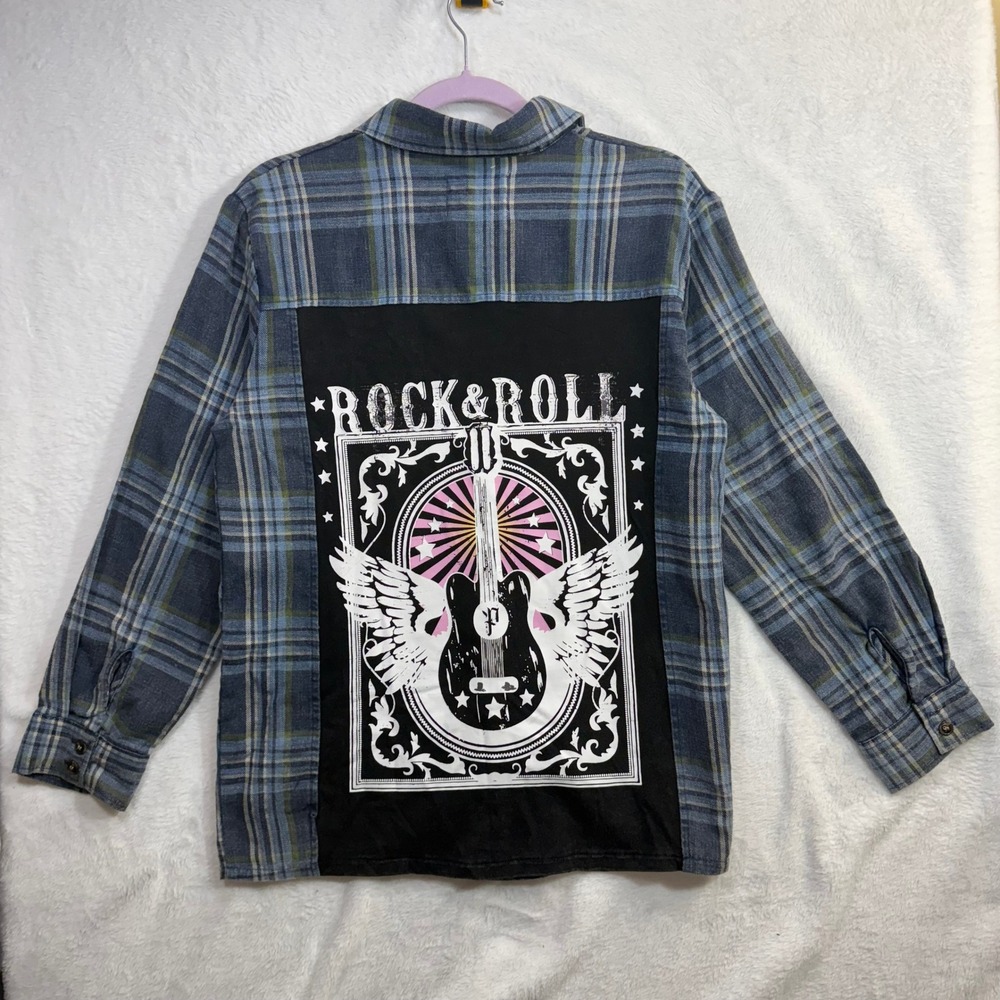Panache Apparel S Flannel Shirt Rock & Roll‎ Graphic Guitar Patch Plaid Western